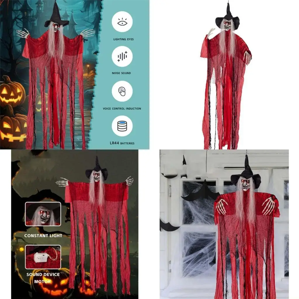 

QX2E Хэллоуин 52-дюймовый световой подвесной декор ведьмы, анимированный говорящий со звуком и активированный скелет ведьмы для