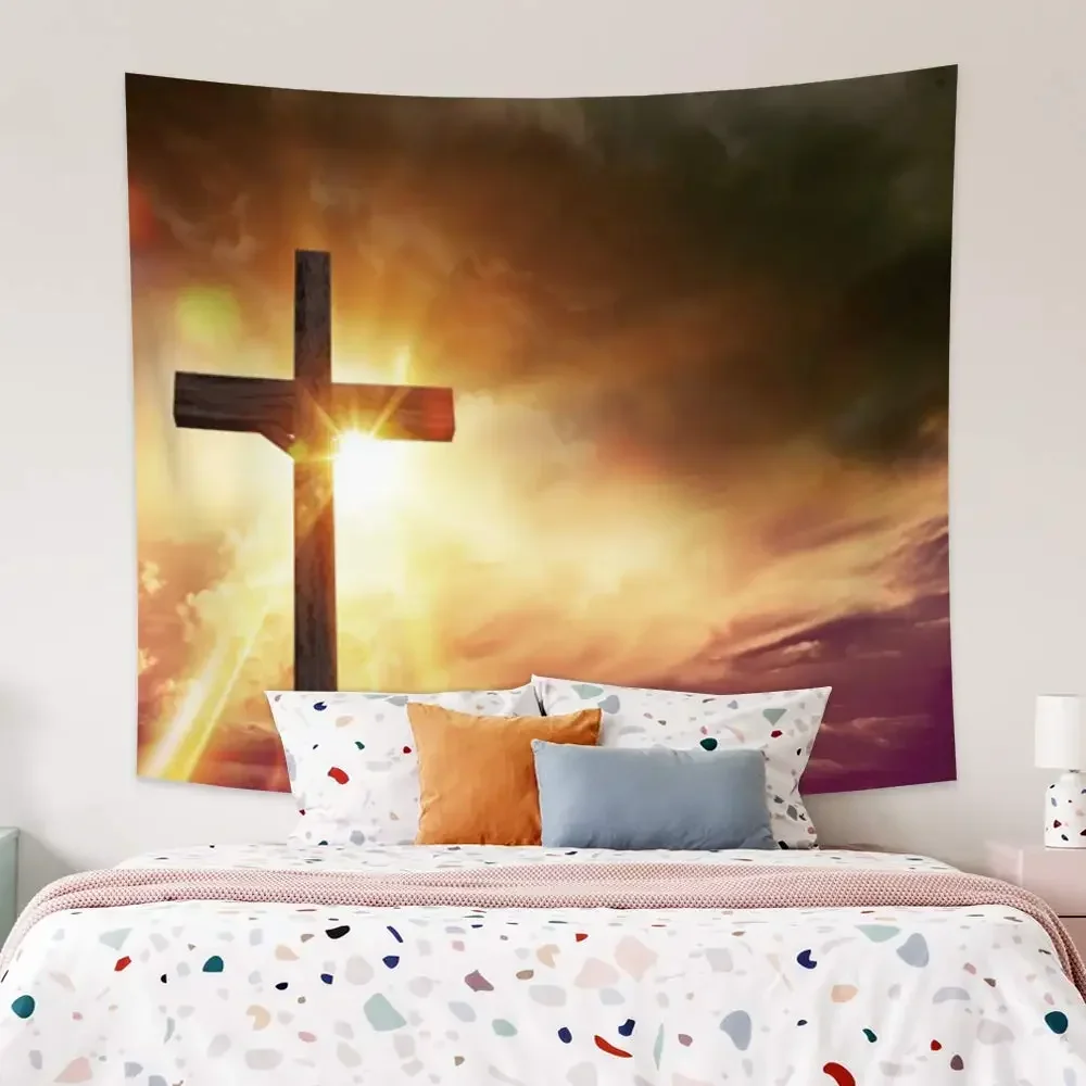 Jesus Christ Cross Sunrise Tapestry Religious Belief Wall Hanging Decor Tapestry for Bedroom Living Room Dorm College Church