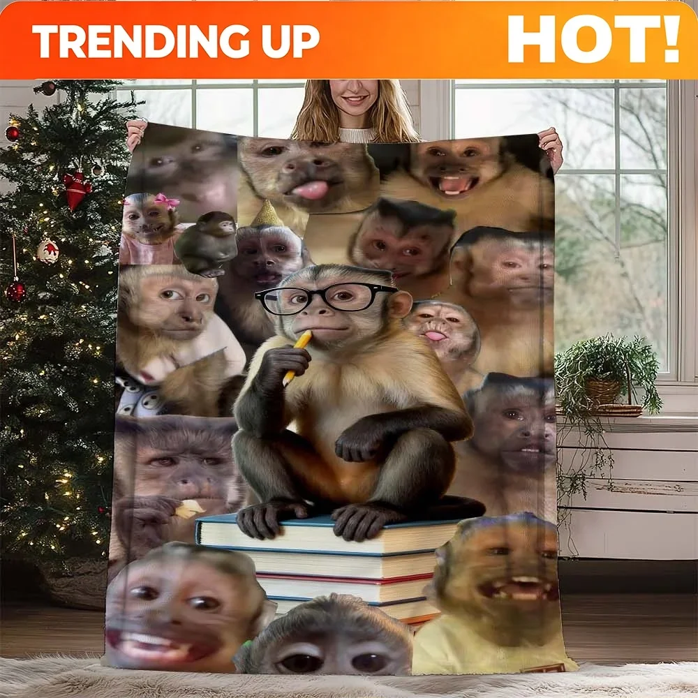Custom 1pc Monkey Print Blanket - Soft Flannel Fleece Throw Suitable For Bed, Sofa & Office Décor, Cozy Lightweight Warm Monkey