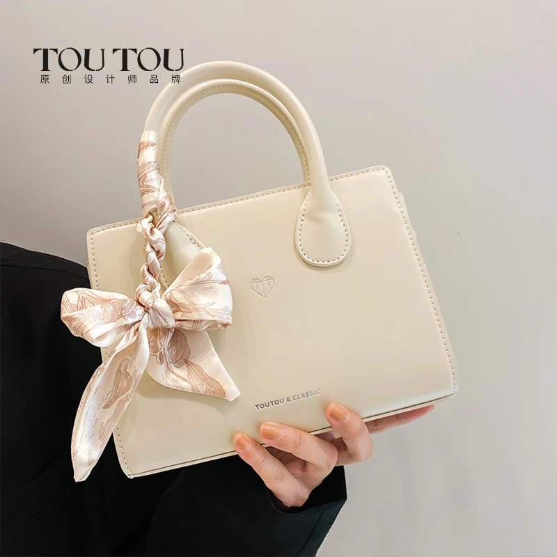 TOUTOU Square Handbag For Women Small Scarf Decor Satchel Purse, Fashion Faux Leather Crossbody Bag With Mini Heart Design