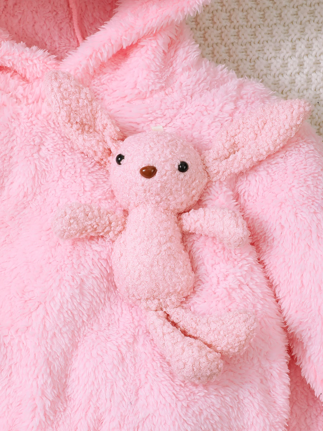 Autumn And Winter Pink Fluffy Set Baby Girls Cute Cartoon Bunny Figure Hooded Long Sleeve Hoodie Elastic Waist Solid Color Pants