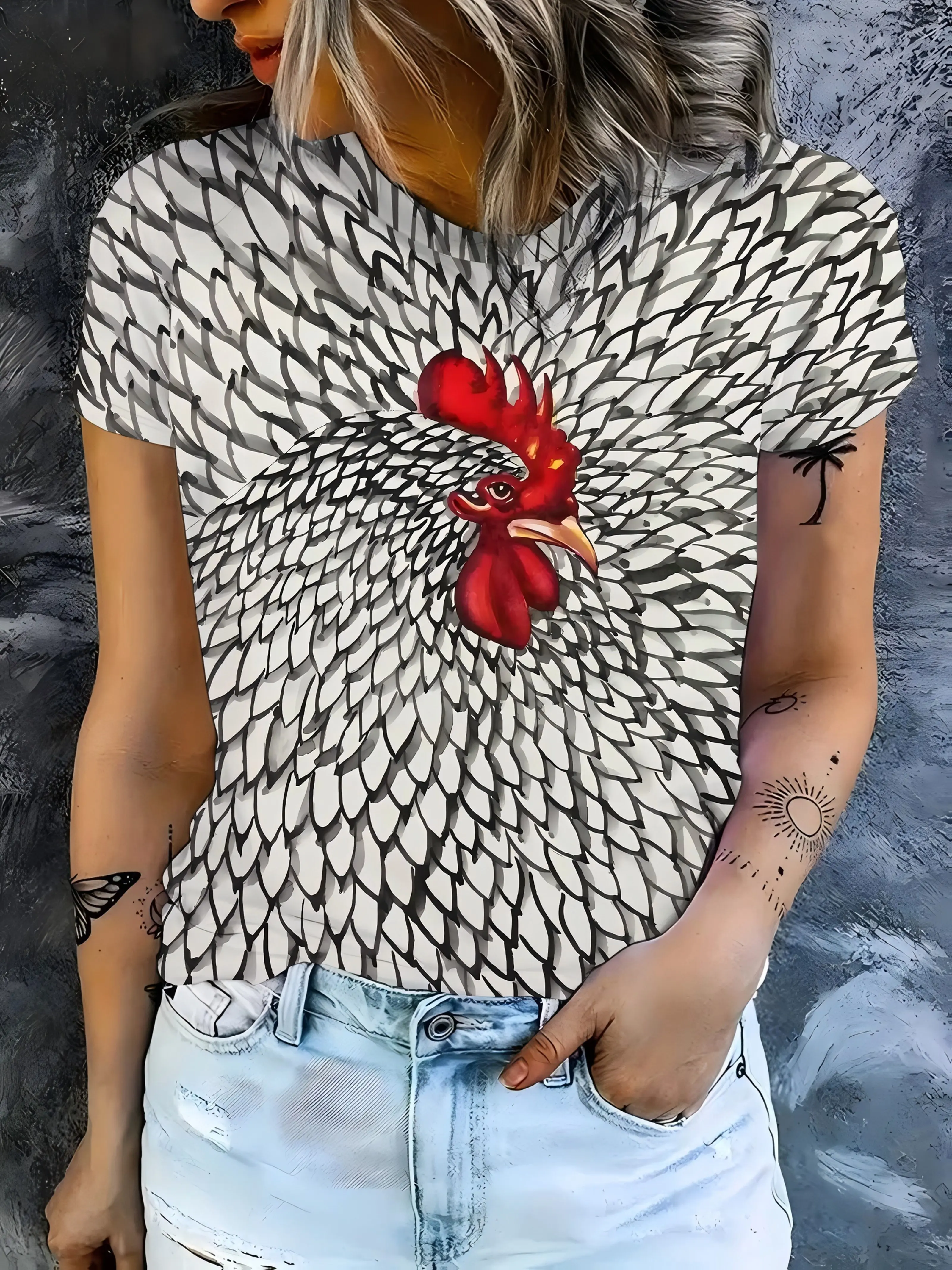 Women T‑shirt Short Sleeve Creative Rooster Head Feather Texture Animal Graphic Print O‑neck Casual Daily Summer Fashion Tee Top