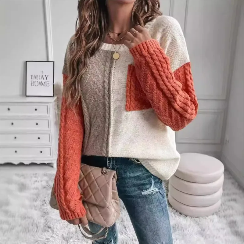 

2025 Women Autumn Patchwork Sweaters Pullovers Kintted Jumper Stylish Long Sleeve Winter Sweater O Neck Jumper Streetwear