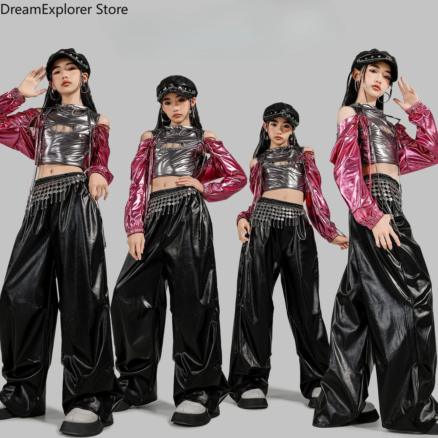 

Girls K-pop Fashion Shiny Crop Top Hoodies Street Dance Pants Child Hip Hop Jazz Streetwear Clothes Sets Kids Girl Group Costume