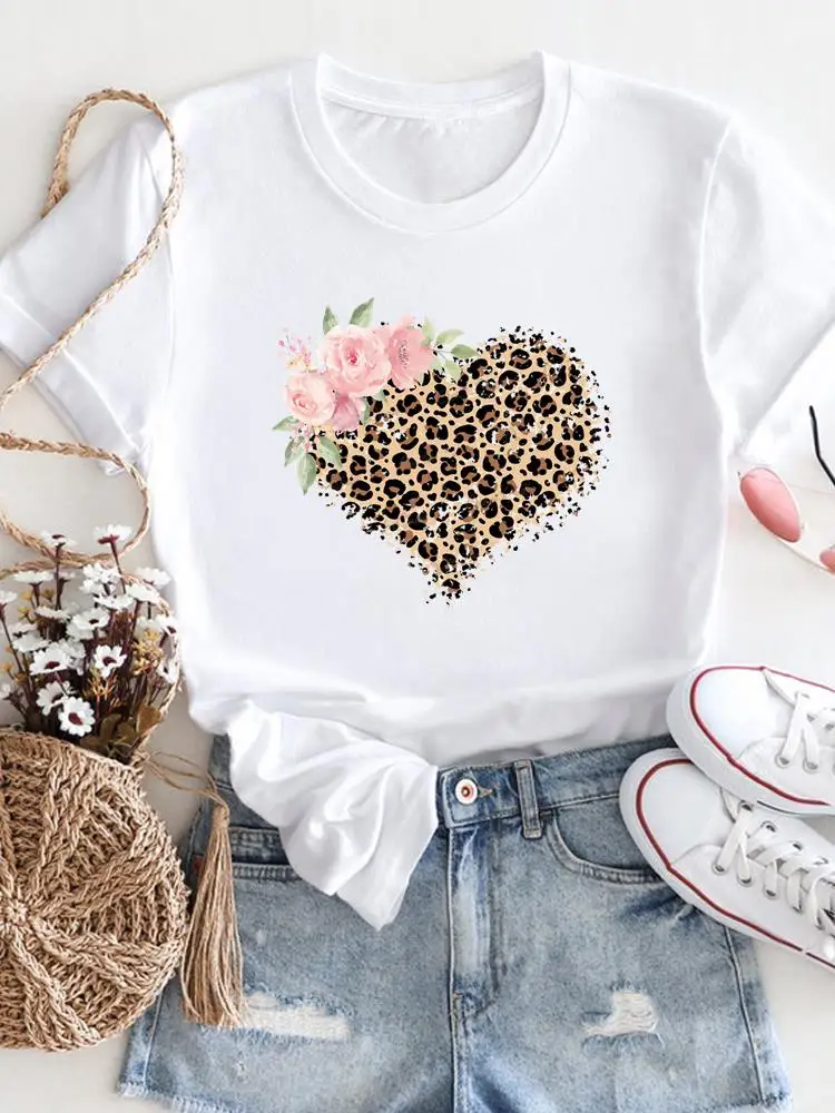 Summer Print T-shirt Leopard Love Heart Graphic T Shirt Flower Sweet Women Fashion Casual Clothing Short Sleeve Female Tee Top