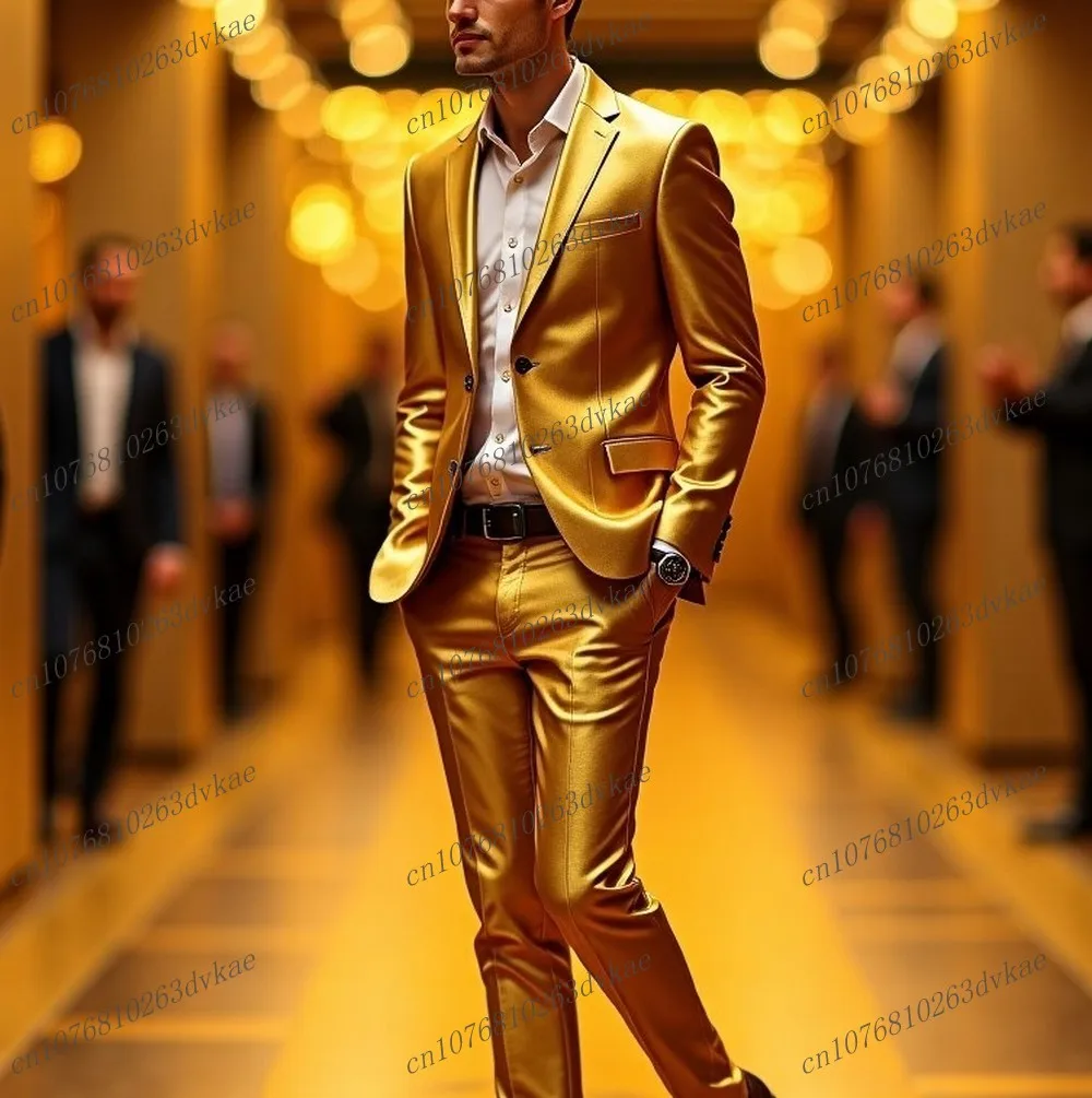 

Gold Shiny Satin Men Suit Party Prom Special Occasions Business Groom Groomsman Wedding Male Tuxedos 2 Piece Set Blazer Pants