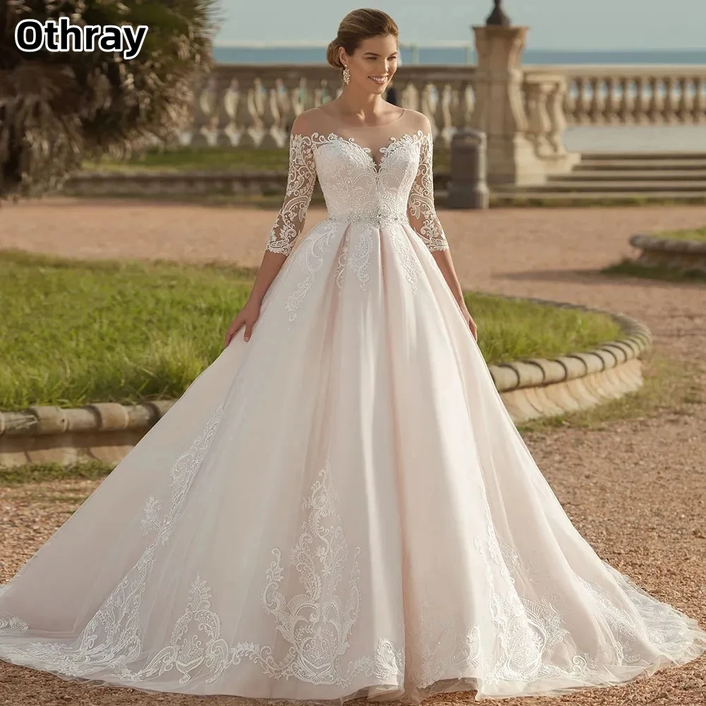 Othray Gorgeous Appliques Buttons Tulle Sweep Wedding Dresses Bridal Gowns A-Line Princess Robes Vestidos De Novia Exquisite