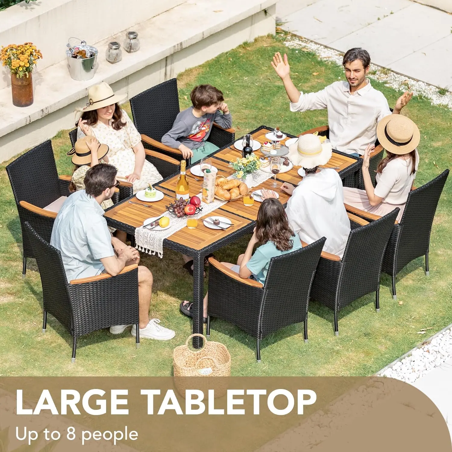 Devoko Set da pranzo per patio esterno Set tavolo da pranzo e sedie da esterno in vimini da 9 pezzi con piano in legno di acacia e braccioli allargati