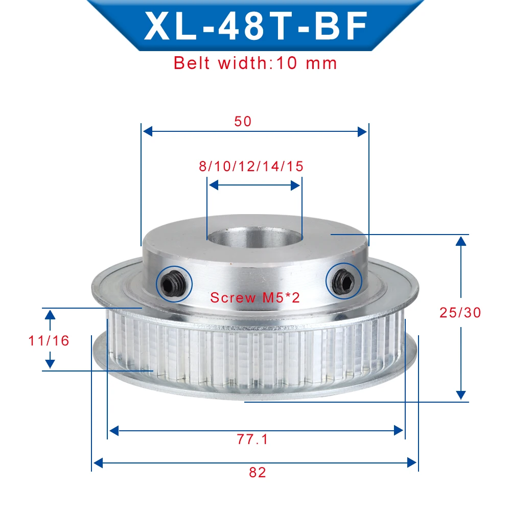 Xl 48T Timing Katrol Trapeziumvormige Tand Boring 8/10/12/14/15/16/17/19/20/25/30Mm Lichtmetalen Katrol Tanden Pitch 5.08Mm Bandbreedte 10/15Mm