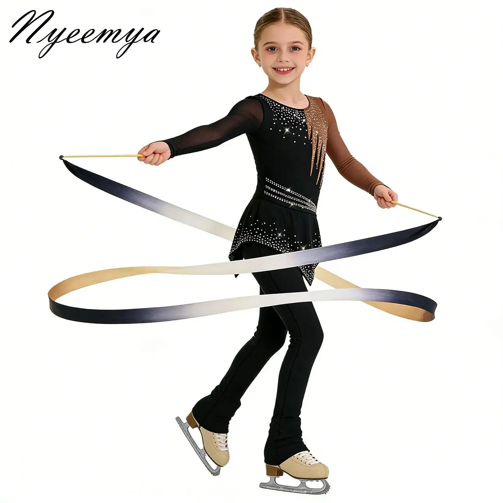 

Kids Girls Color Block Latin Dance Wear Rhythmic Gymnastics Figure Skating Ballet Jersey Peplum Leotard Stage Performance Dress