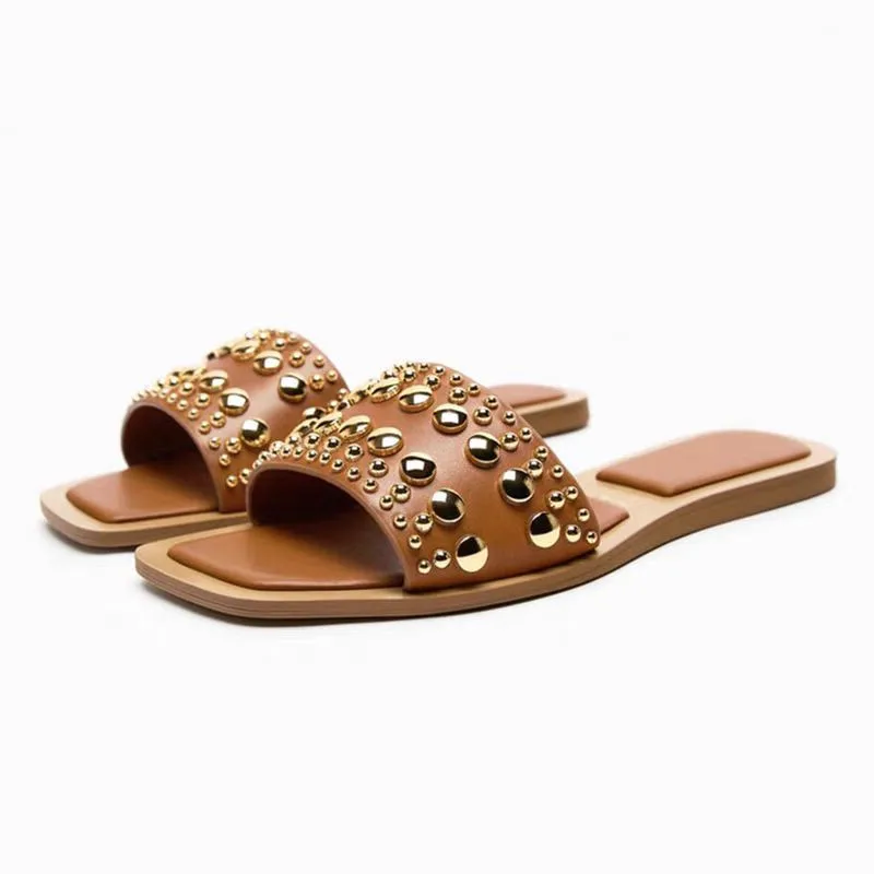 TRAF Leather Slipper For Women 2024 Gold Casual Flat Shoes Female Summer Beach Sandals Woman Comfortable Streetwear Flats Shoes