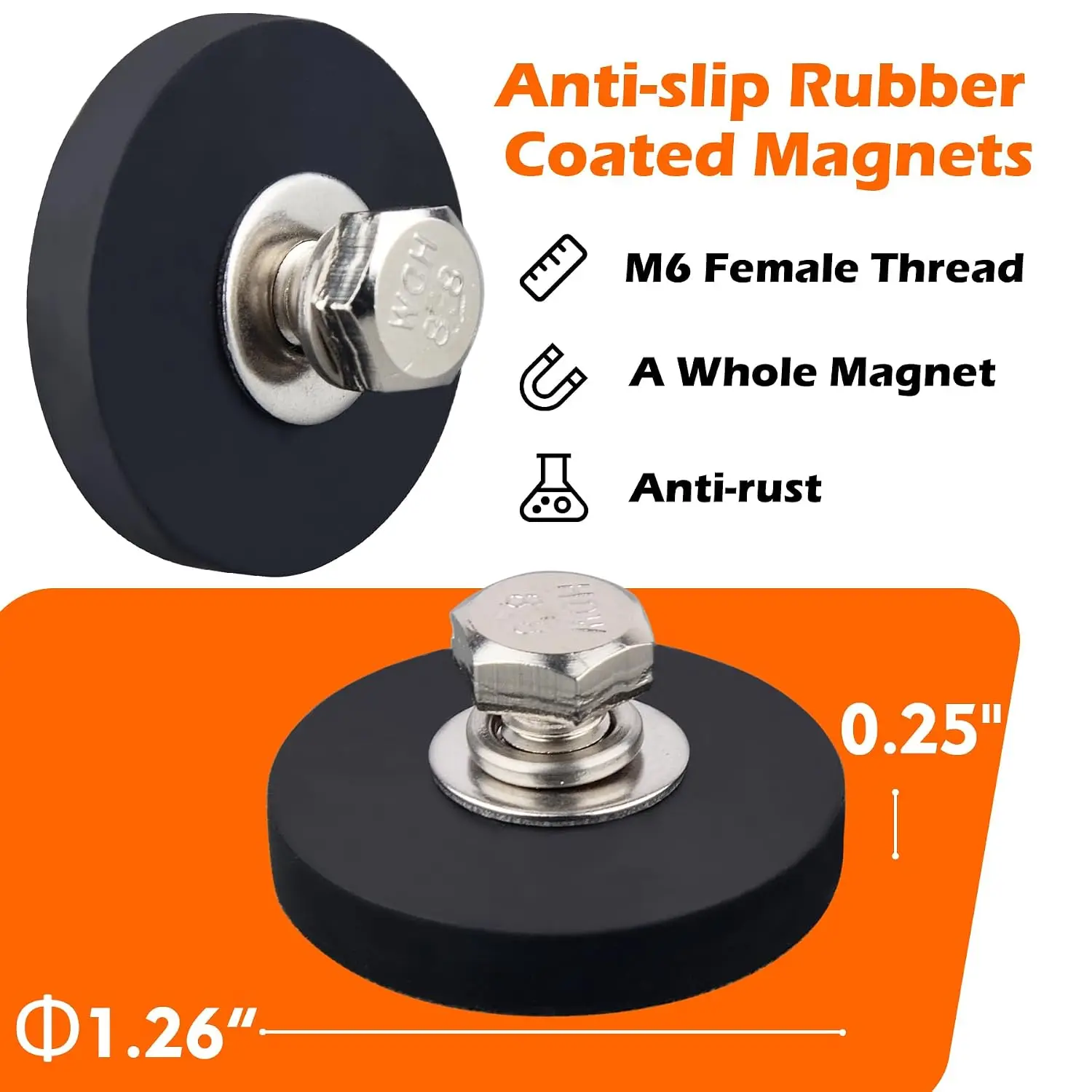 Neodymium Rubber Coated Magnets,4PCS Permanent Rubber Earth Magnet with M6 Female Threaded Hole,Non-Scratch Mounting Magnet