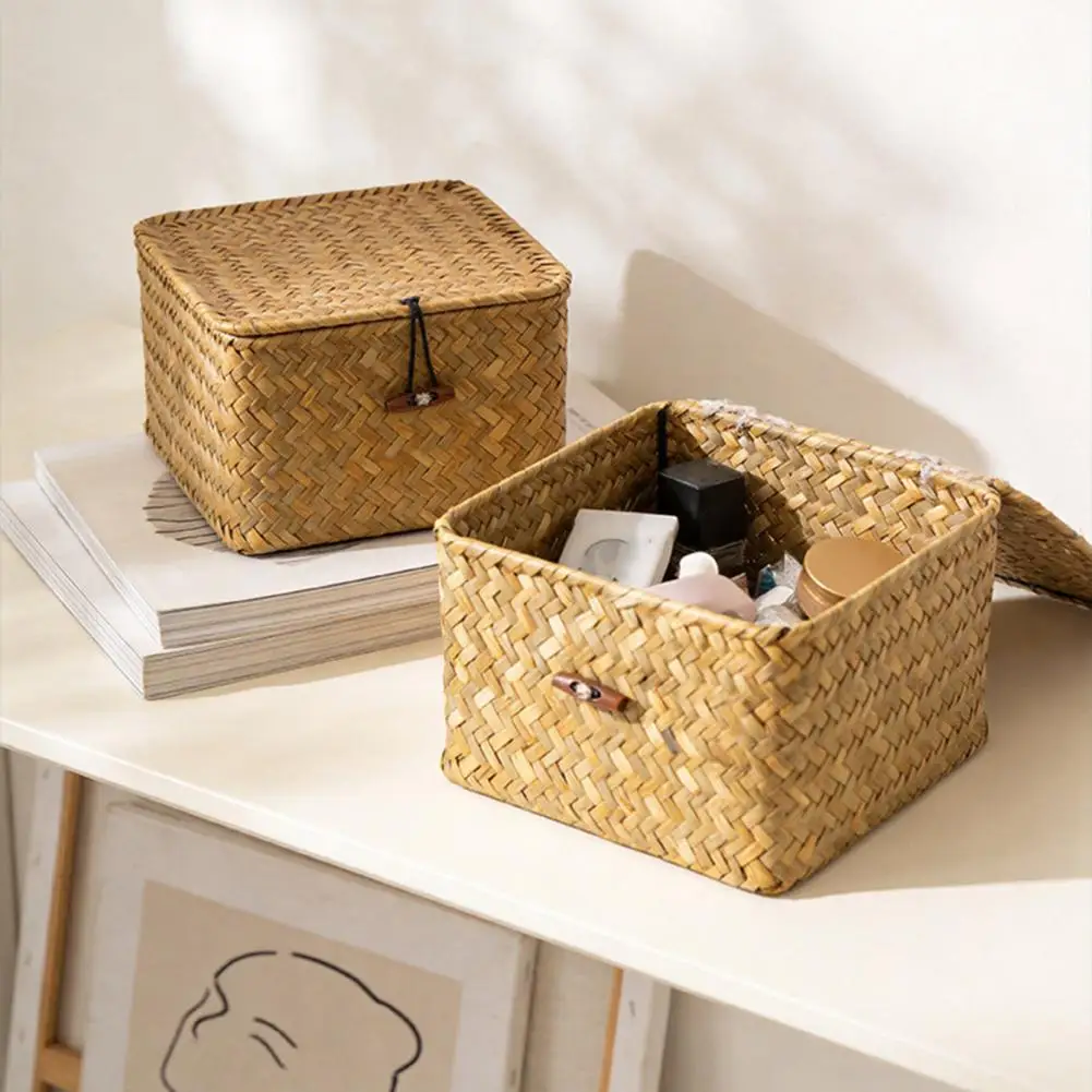 Handwoven Seagrass Storage Box with Cover Rustic Dustproof Storage Bin Space Saving Containers for Shelves Closets Living Room
