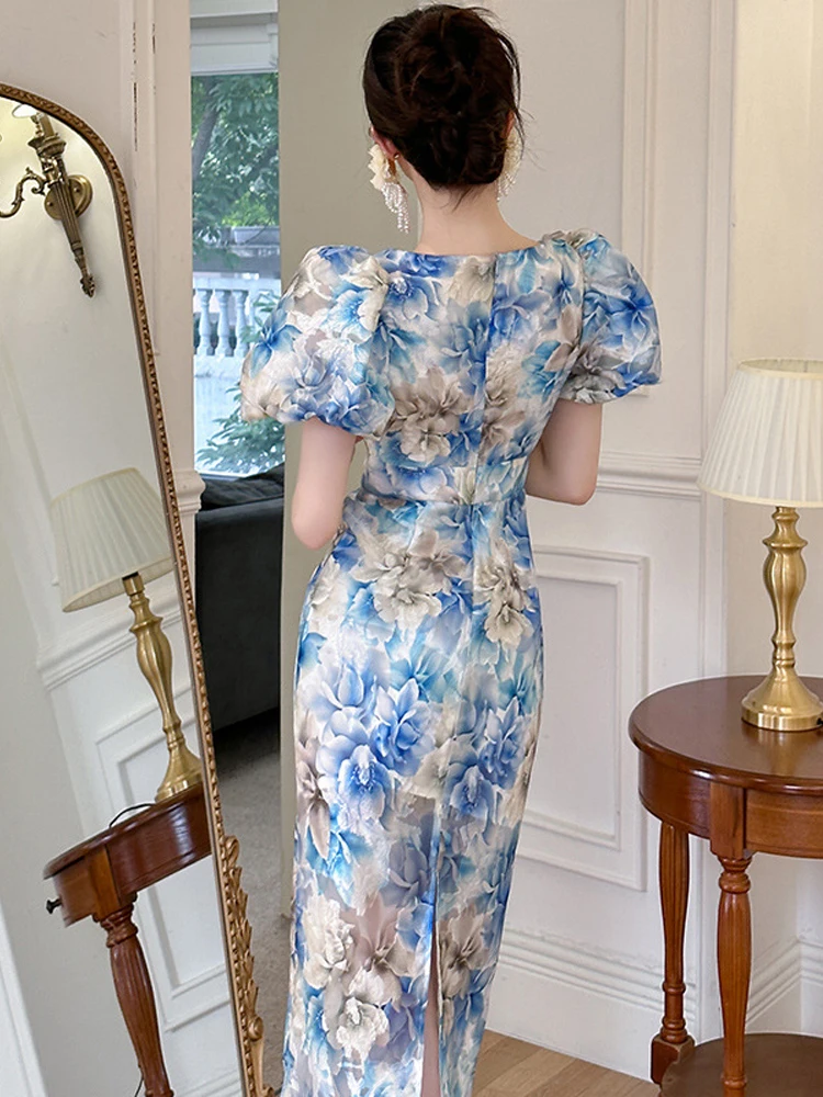 الصيف أنيقة المرأة مساء اللباس الرجعية شير مثير نفخة الأكمام ضئيلة فساتين متوسطة الطول حزب ثوب عطلة Mujer رداء فام Vestidos #3