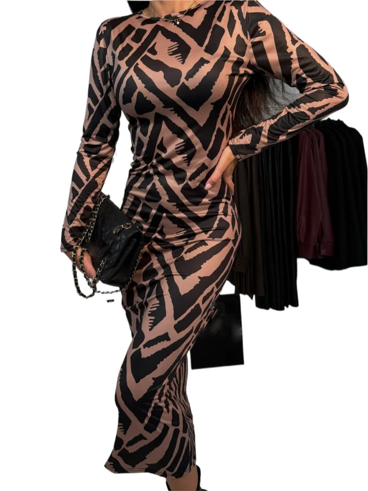 

Women's Printed Slim High Waist Midi Skirt Dress Fashion Casual Elegant Long Sleeve Holiday New Female Dresses Robe Femme