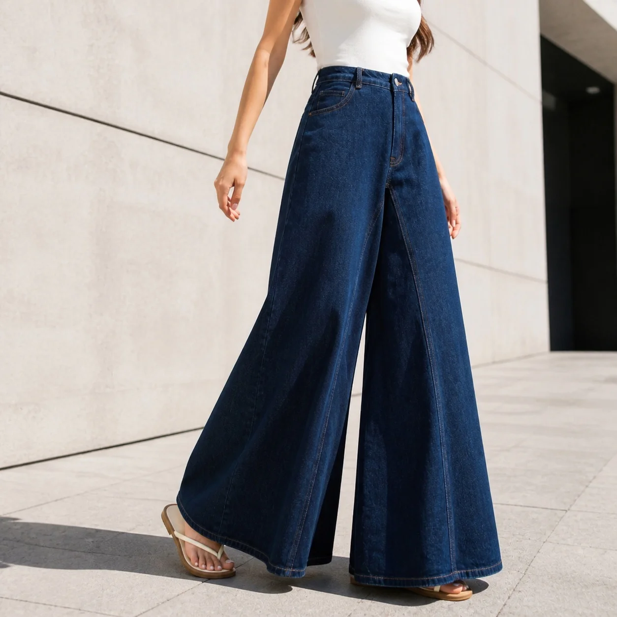 Women's High Waist Baggy Wide Leg Long Stretch Cotton Washed Solid Color Stone Washed Jeans for Women Casual Bottoms with Front
