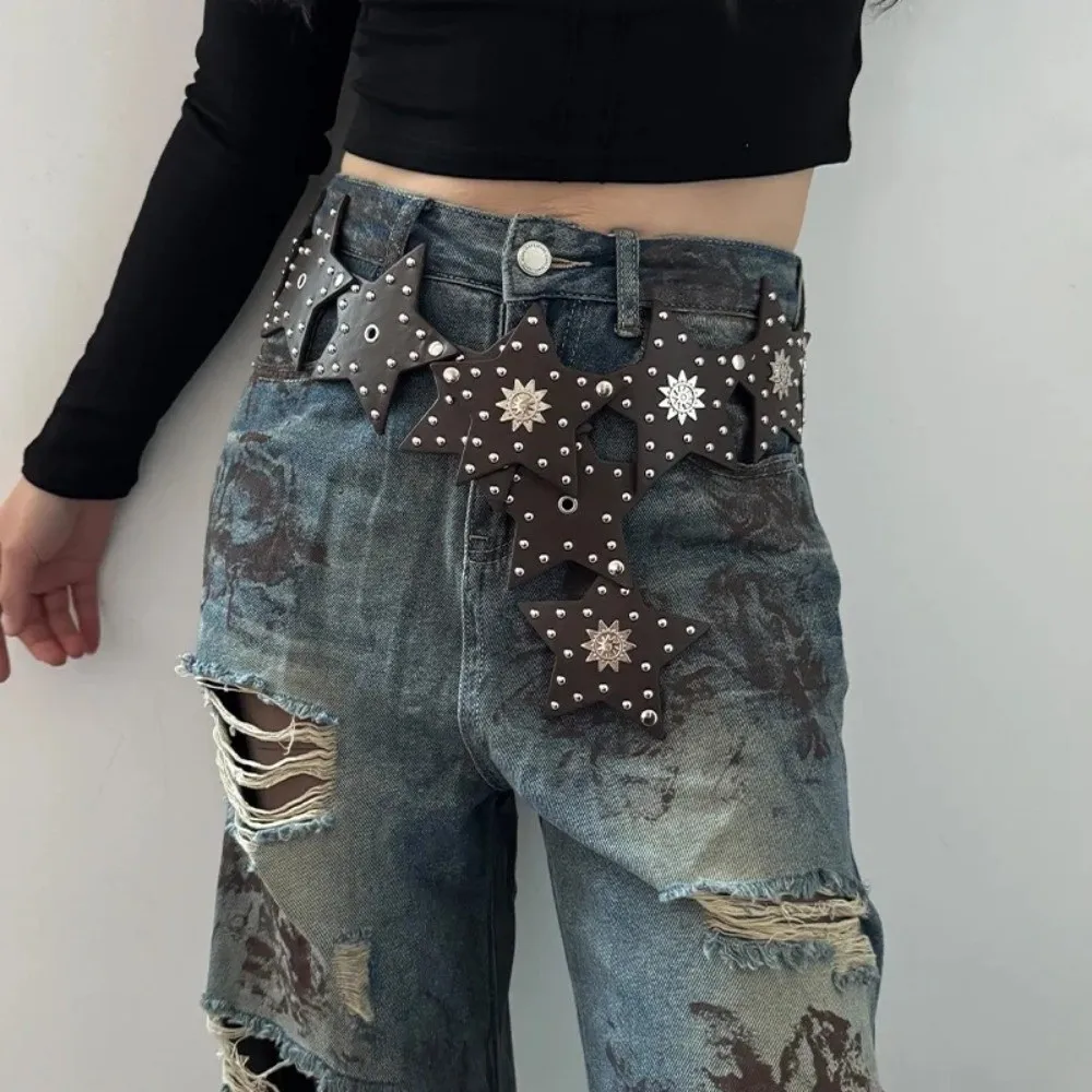 العصرية الرجعية ستار المرقعة حزام الخماسية نجمة بولي Leather الجلود قبعات رعاة البقر الغربية حزام واسعة القوطية حزام للنساء