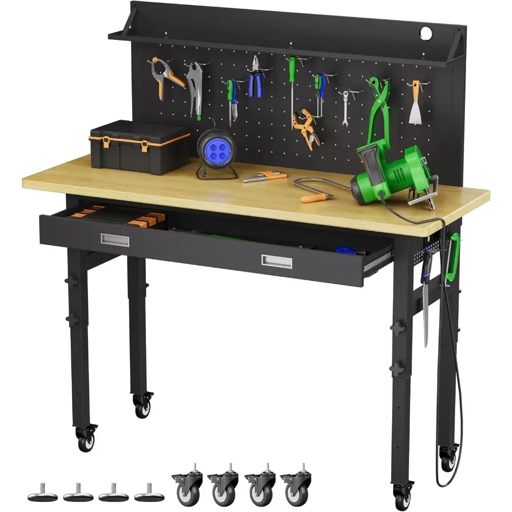

60 Гаражный верстак с выдвижным ящиком, сверхмощный рабочий стол с регулируемой высотой, перфорированной панелью для хранения и розетками