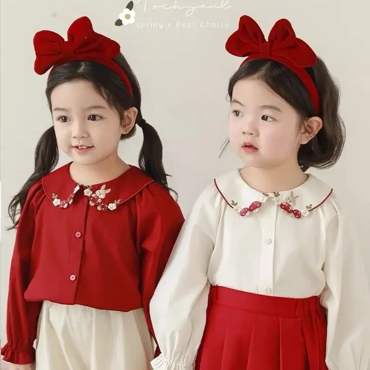 Girls Three-dimensional Embroidered Lapel Shirt 2024 Autumn Fungus Flower Blooming Pleated Cuffs Casual Doll Collar Top