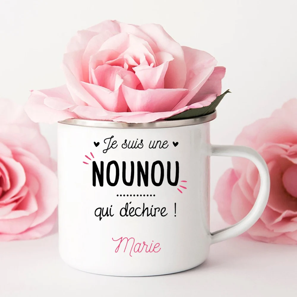 Merci Nounou Printed Mugs Creative Coffee Tea Cups Drink Water Milk Cup Enamel Mug School Home Handle Drinkware Gifts for Nounou