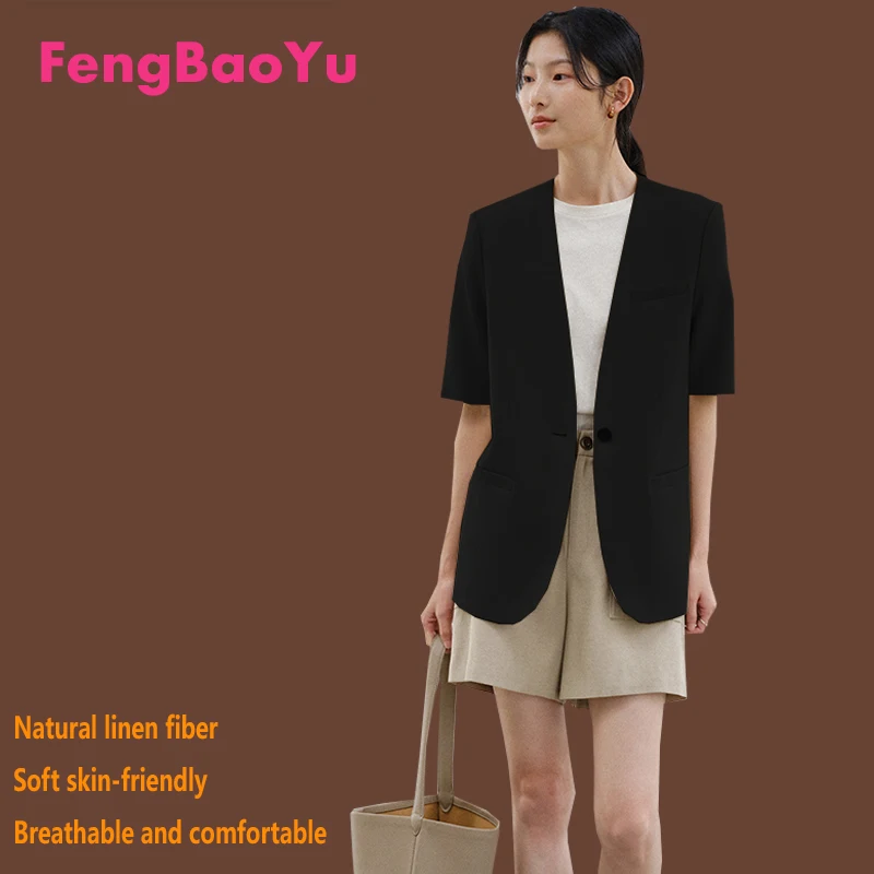 

Fengbaoyu 100% Natural Linen Women's Short-Sleeved V-Neck Coat for Business Casual Wear, Professional Elegant Top