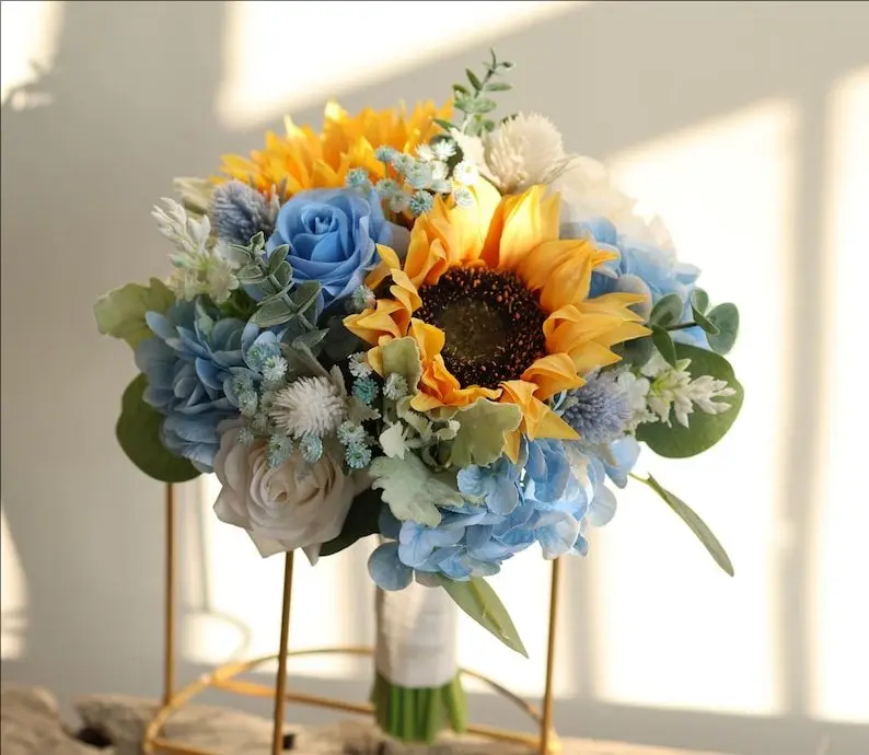 PEORCHID Fake Wildflower Wedding Flowers Bridal Bouquets Sunflowers Blue Yellow Spring Summer Bouquets Ramos De Quinceañera