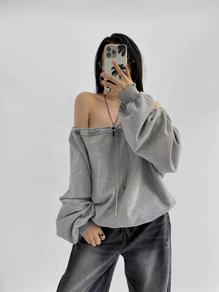 Y2K Slash Neck Drawstring Sweatshirt Women Autumn Loose Streetwear Sexy Off Shoulder Pullover American All Match Baggy Pullover