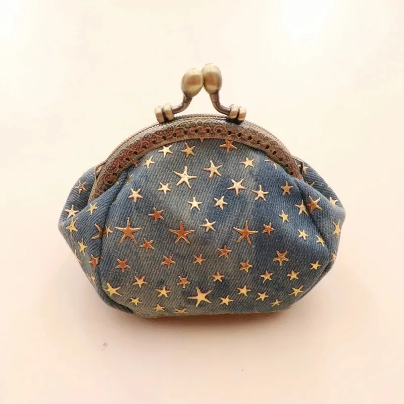 

Women Card Bag Denim Fabric Coin Purse Five Pointed Star Buckle Small Wallet Simple Retro Versatile Hand-held Lipstick Key Bags