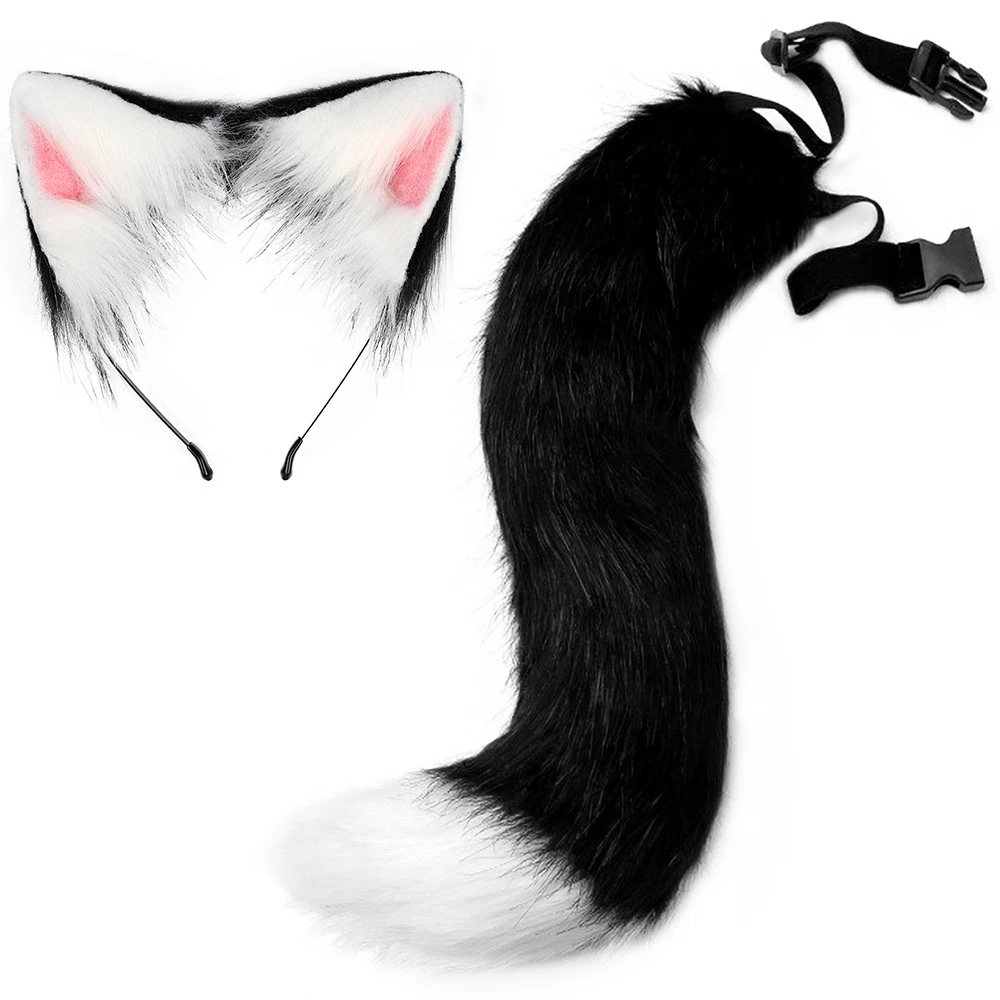 Furry Faux Fox Tail Ear Hair Band Set Halloween Party Simulation Plush Cat Ears Cosplay Props Women Girls Headband Accessories