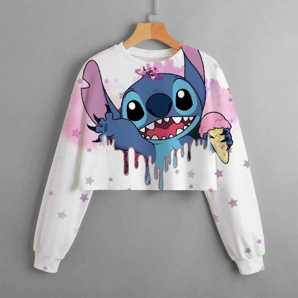 2024 Nieuwe Meisjes Sweatshirt Disney Lilo & Stitch Patroon 3d Geprint Cartoon Print Vrijetijdskleding Korte Trui Met Lange Mouwen