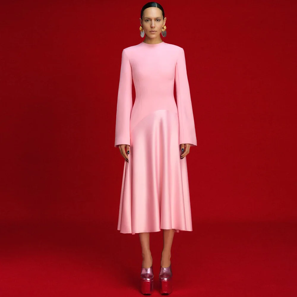 

Simple Women's Cocktail Party Gowns Pink Jersey&Satin Ruched Cocktail Party A-line O-Neck Midi Dresses