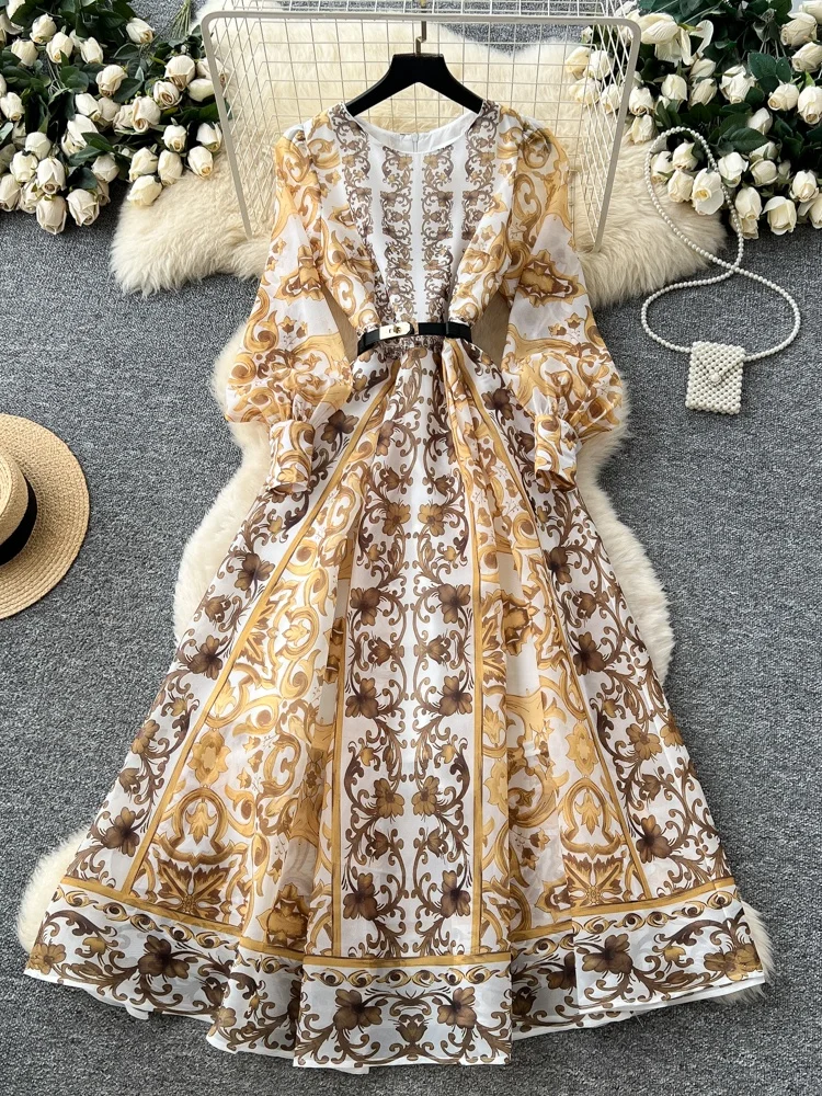 เดรสยาวพิมพ์ลาย Ele Print สำหรับผู้หญิง แฟชั่นฤดูใบไม้ร่วง ทรงเอวเข้ารูป แขนทรงกระบอก ผ้าโพลีเอสเตอร์ เอวสูง สไตล์ฝรั่งเศส