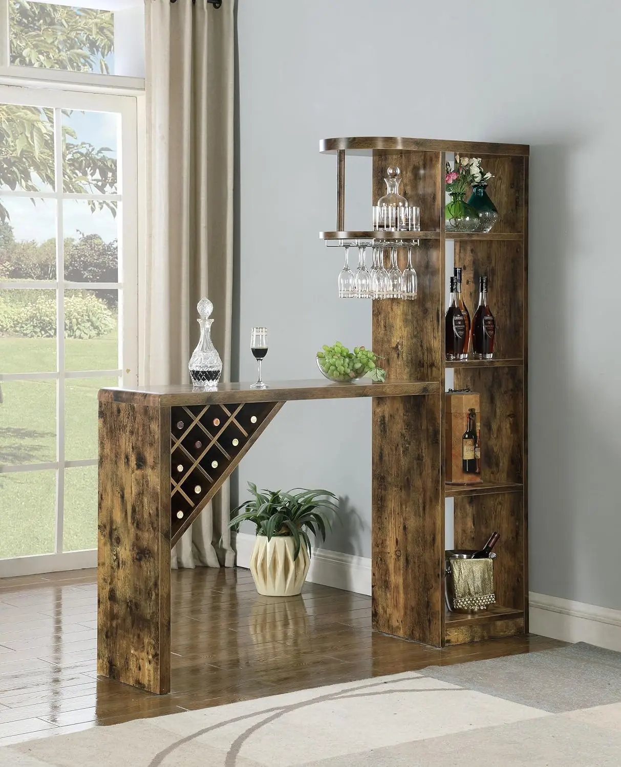 5-Shelf Wood Wine Storage Cabinet with Bottle & Stemware Rack for Dining Room & Home Bar Rustic Nutmeg, Customized
