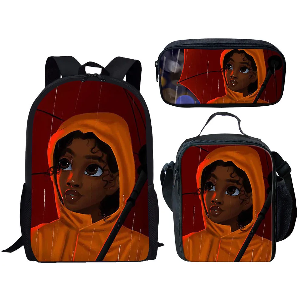 3 buah gadis Afrika cantik cetak 3D tas sekolah Set ransel kasual pelajar tas buku kampus tas makan siang tas pensil