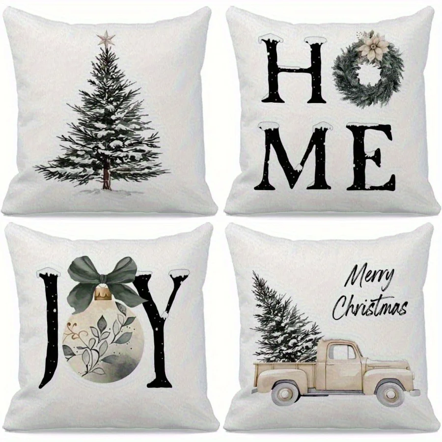 4pcs Holiday Christmas Pillow Covers – Elegant White Snowflakes and 