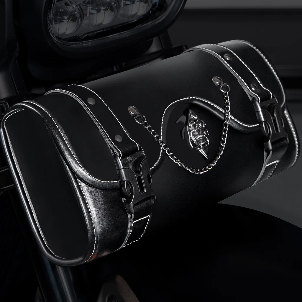 Cylinder motorcycle side bag with detachable shoulder strap and front-mounted tool storage compartment