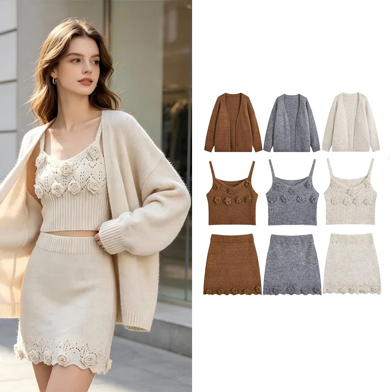 Guobioziy 2026 New Women's 3-Piece Knit Set with 3D Flowers (Cardigan, Camisole, Mini Skirt) Can Be Worn Separately