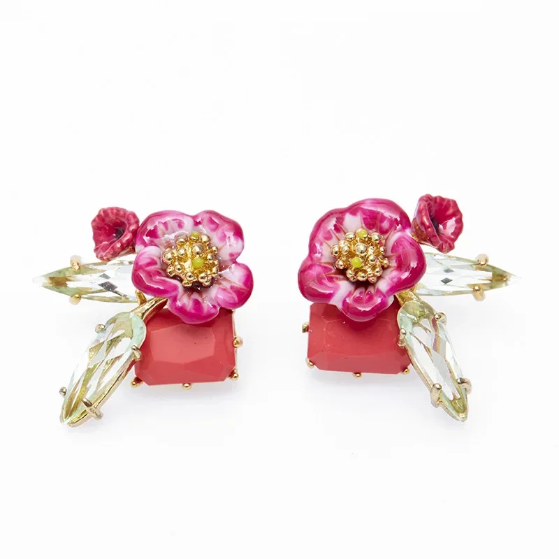 

Fashion Aesthetic Enamel Morning Glory Flower Red Gemstone Personalized Pink Blossom Earrings Female Trend Fairy Style Accessory