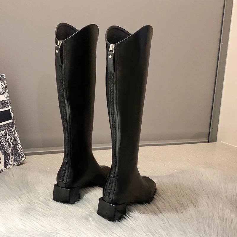 Square-toe Women Knee-length Boots Rear Zip Square Heel Mid-calf Boots New Knight Boots Black Shoes Plus Velvet Warm Women Boots