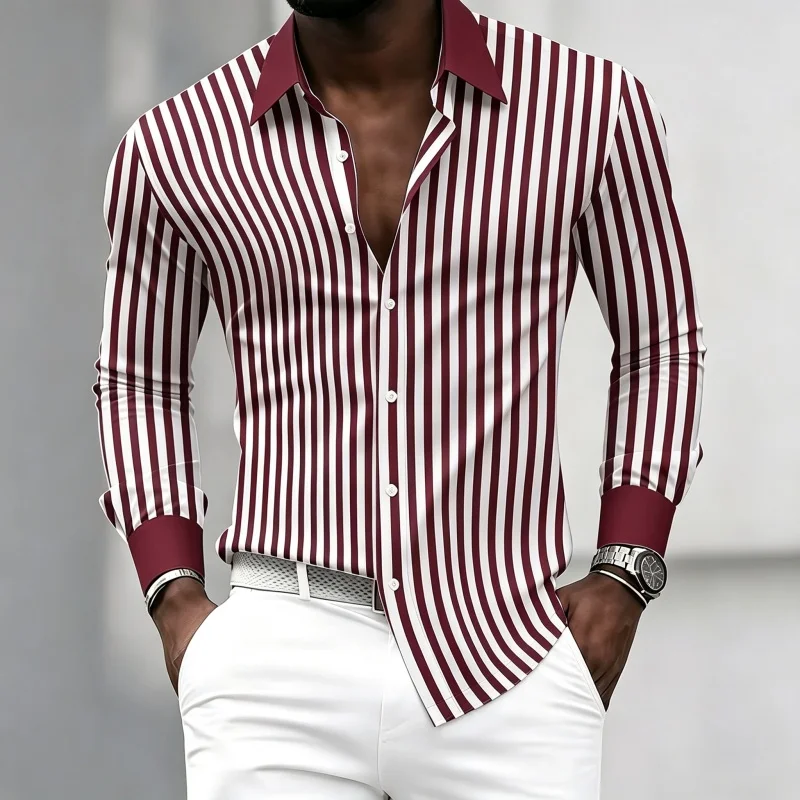 Men's long-sleeved collared shirt with black and white vertical stripes, contrasting collar and cuff design, neat and slim fit. view 6