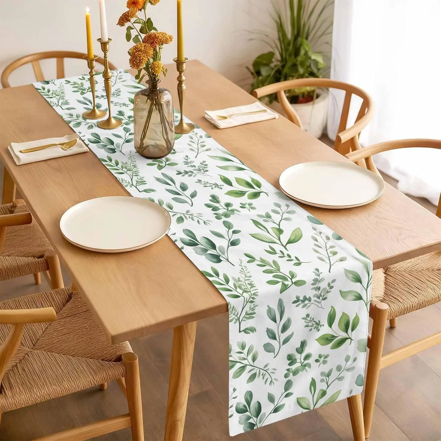 Sage Green Eucalyptus Leaves Linen Table Runner Party Decor Washable Farmhouse Kitchen Dining Table Runner Wedding Decorations