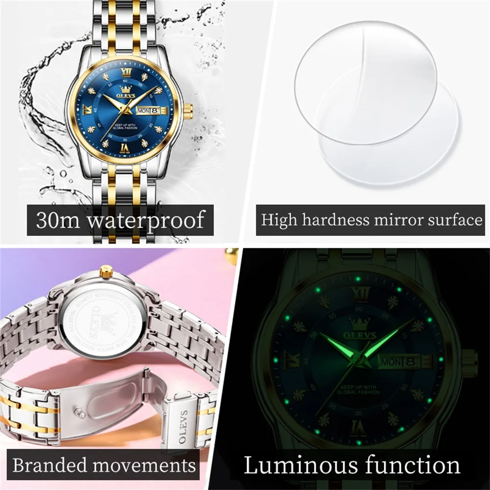 OLEVS Original Quartz Watch for Women Dual Calendar Diamond Luxury Fashion Stainless steel Waterproof Luminous Ladies Wristwatch