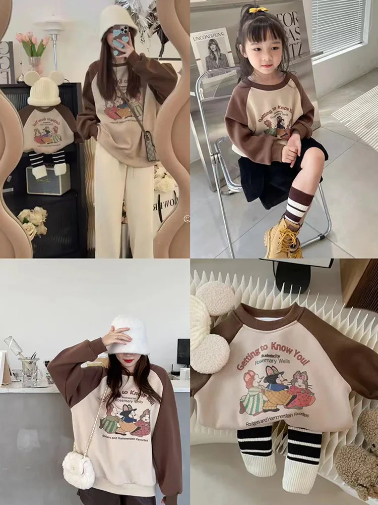 Parent-child winter wear a family of three four cartoon sleeve round collar sweater plus fleece thickened baby onesie trend