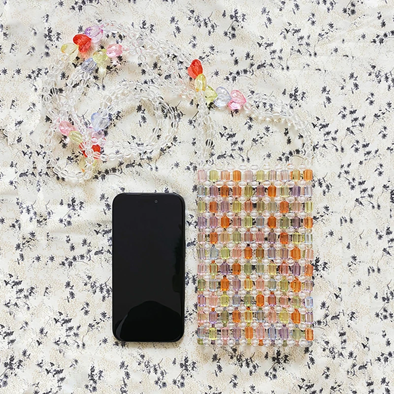 Korean version cute candy colored handmade bead crossbody phone small square bag with hollow out casual portable crossbody bag