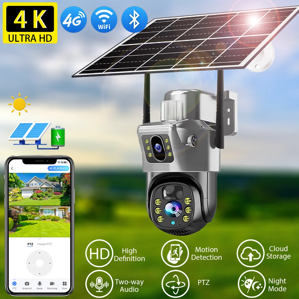 

8-мегапиксельная 4K солнечная камера 4G уличная HD камера безопасности с двумя объективами беспроводная Wi-Fi PTZ AI камера видеонаблюдения для обнаружения человека