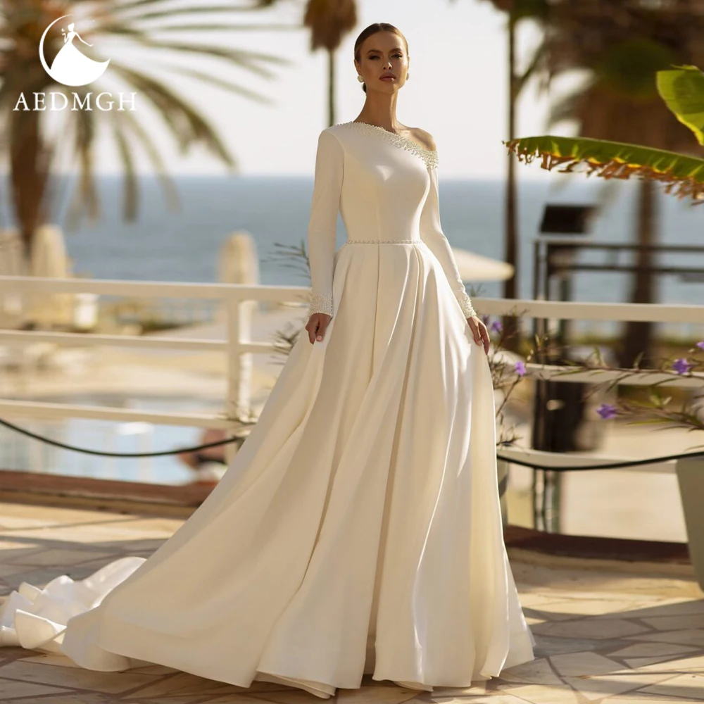 Aedmgh A-Line Vintage Wedding Dresses Irregular NeckLine Long Sleeve Vestido De Novia Beaded Satin Custom Made Bridal Gown