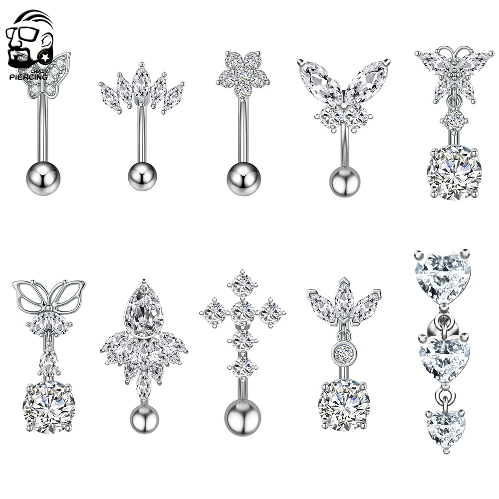 1pc Reversed Bar Crystal CZs Belly Button Rings Belly Piercing Cross Butterfly Heart Inverted Pole Navel Rings Stainless Jewelry