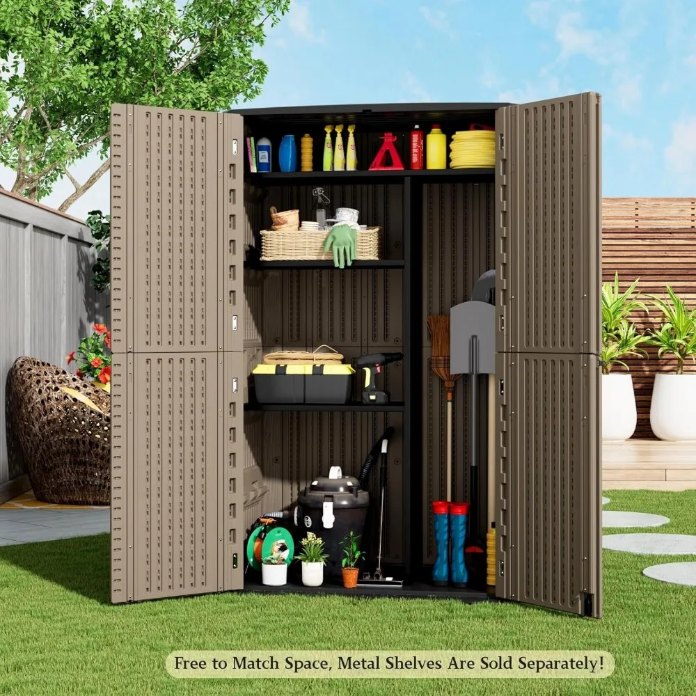 سقيفة تخزين خارجية مقاومة للماء، خزانة راتينج بطول 67 قدم مكعبًا، متينة لأثاث الفناء وأدوات الحدائق وتخزين النفايات
