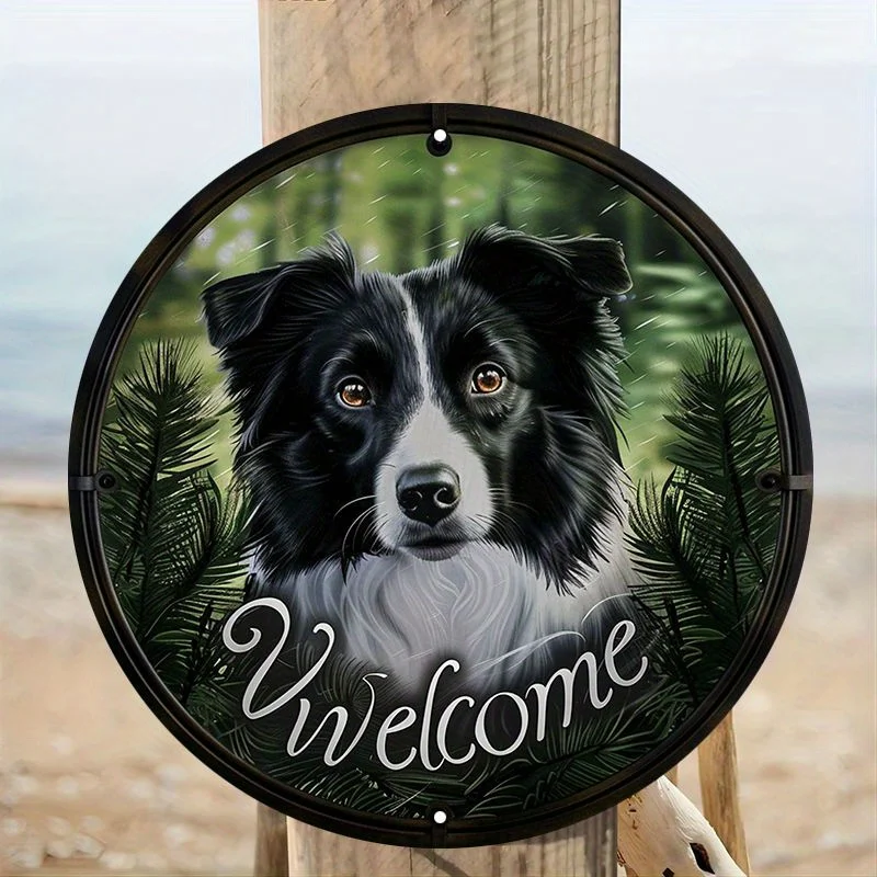 Aluminiowa grafika ścienna Welcome Dog Sign, wodoodporna okrągła dekoracja dla zwierząt, projekt Border Collie, idealna do domu, ogrodu, werandy