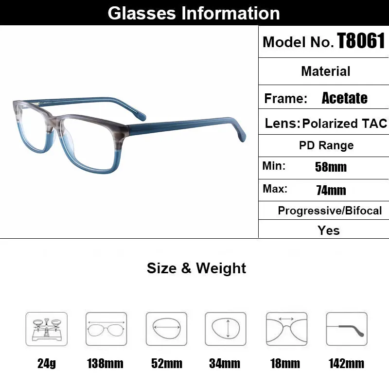 Stylish Acetate Rectangular Full Rim Men\'s Prescription Glasses with Spring Hinges Durable and Comfortable Eyewear for Men T8061
